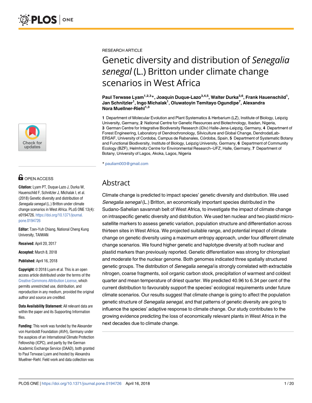 Genetic Diversity and Distribution of Senegalia Senegal (L.) Britton Under Climate Change Scenarios in West Africa