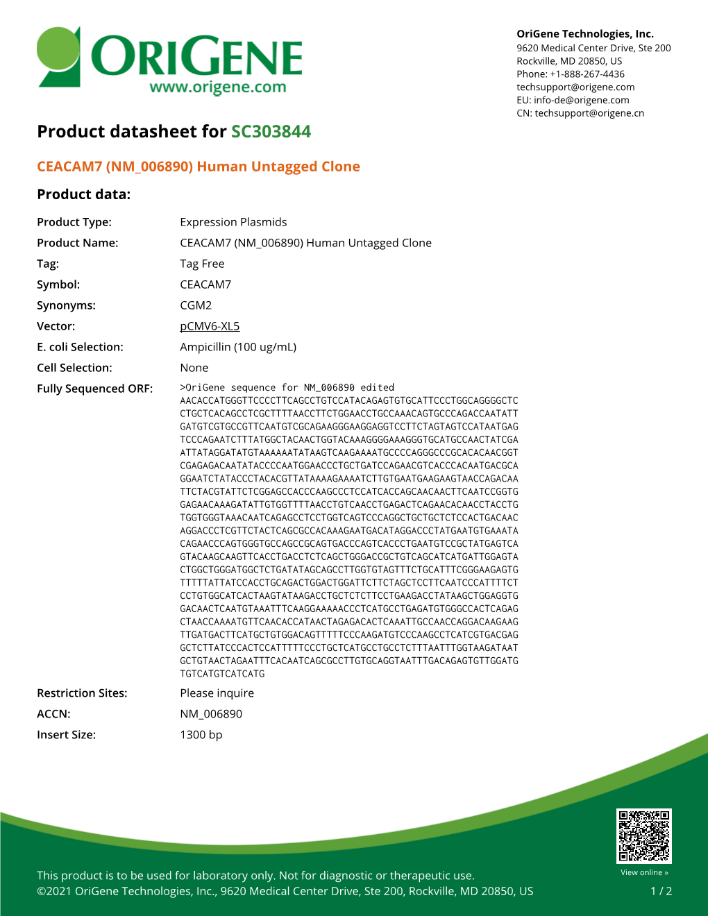 CEACAM7 (NM 006890) Human Untagged Clone Product Data