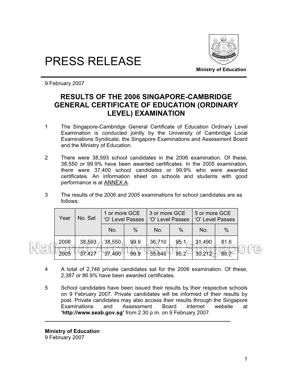 PRESS RELEASE Ministry of Education