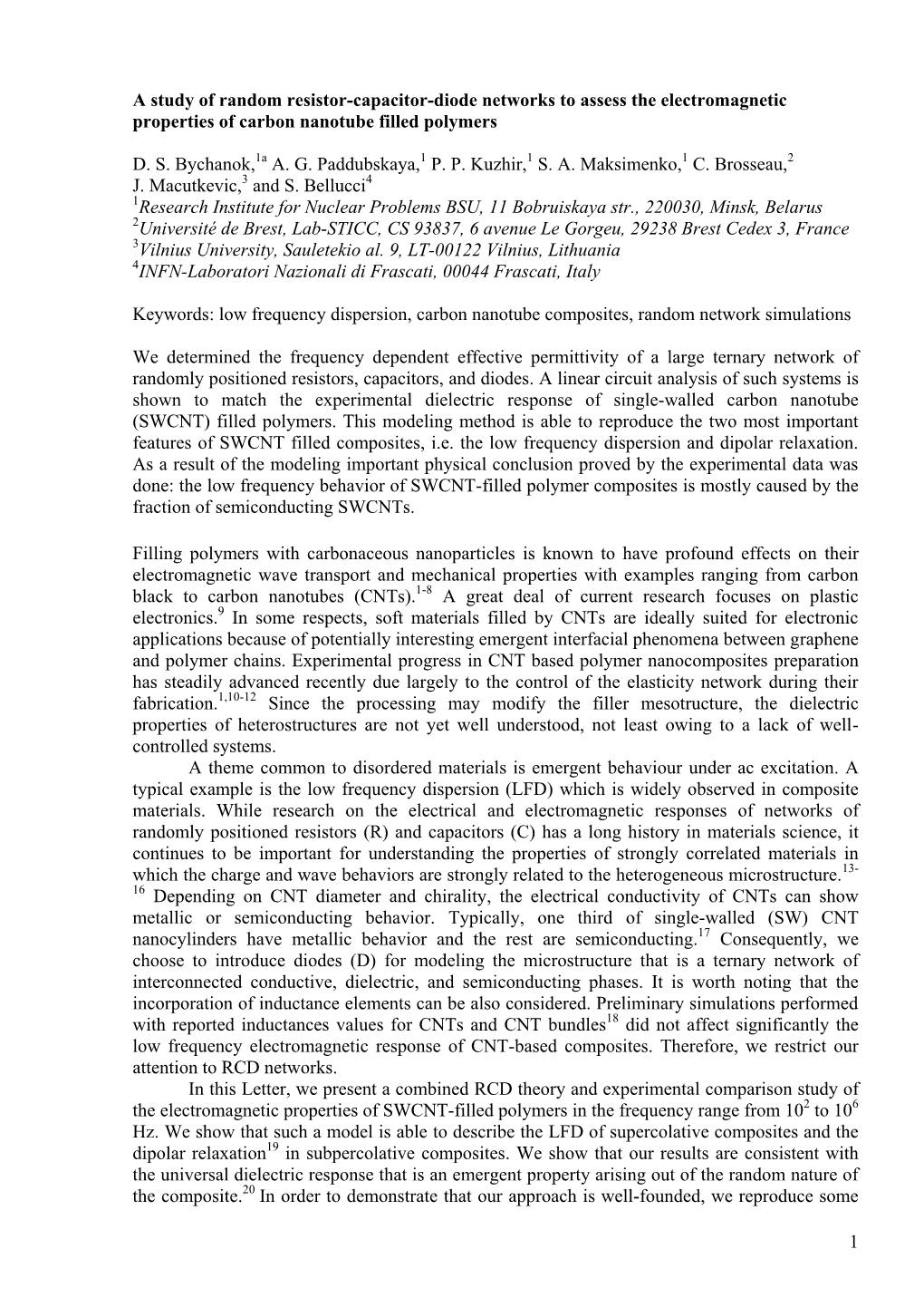 1 a Study of Random Resistor-Capacitor-Diode Networks to Assess the Electromagnetic Properties of Carbon Nanotube Filled Polymer