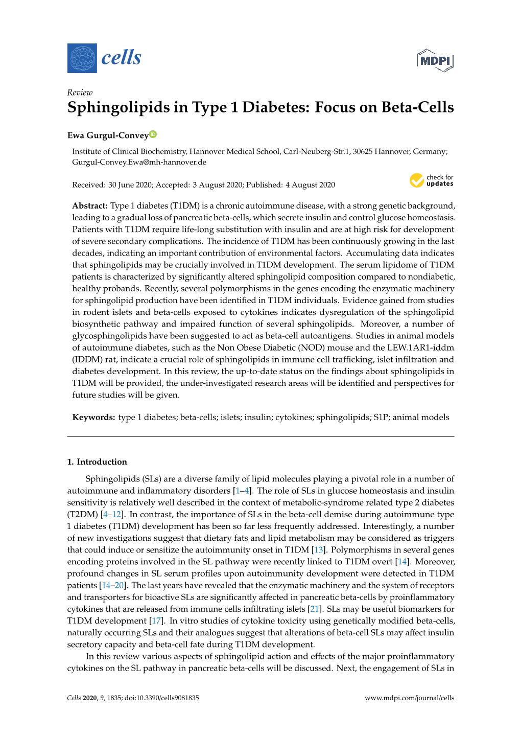 Sphingolipids in Type 1 Diabetes: Focus on Beta-Cells