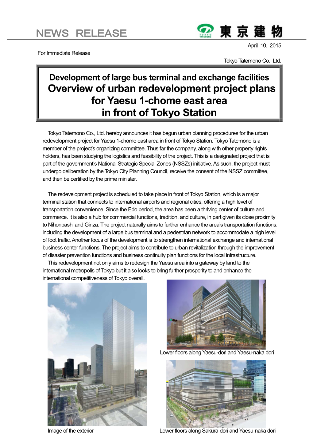 Overview of Urban Redevelopment Project Plans for Yaesu 1-Chome East Area in Front of Tokyo Station NEWS RELE
