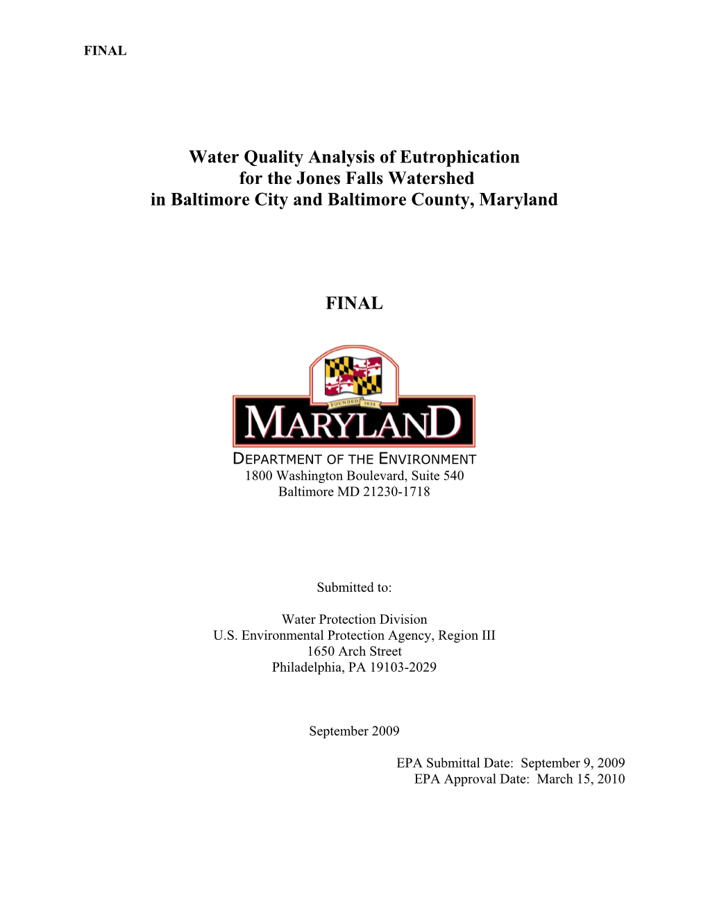 Water Quality Analysis of Eutrophication for the Jones Falls Watershed in Baltimore City and Baltimore County, Maryland