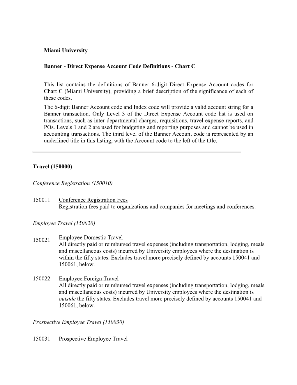 MU/Banner Direct Expense Account (Object) Code Definitions - Chart C