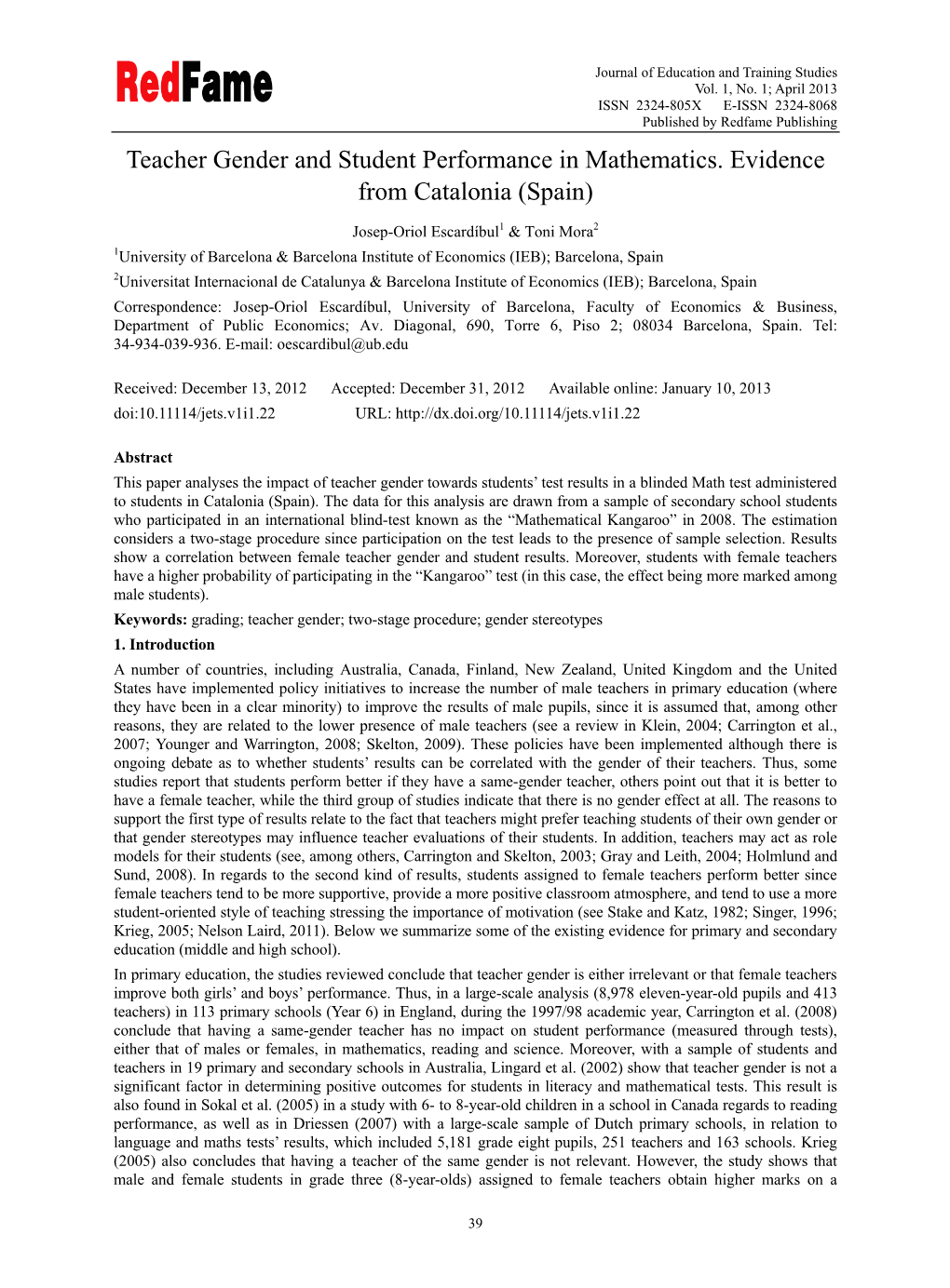 Teacher Gender and Student Performance in Mathematics