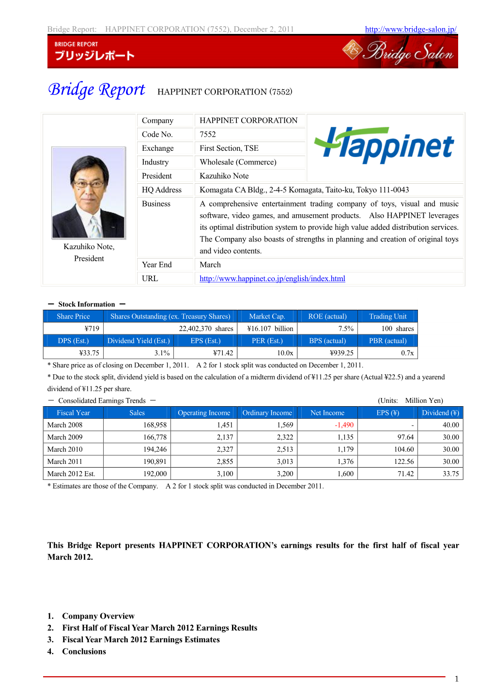 Bridge Report: HAPPINET CORPORATION (7552), December 2, 2011