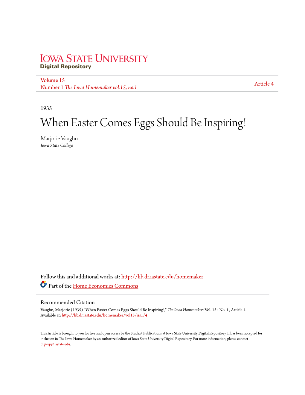 When Easter Comes Eggs Should Be Inspiring! Marjorie Vaughn Iowa State College