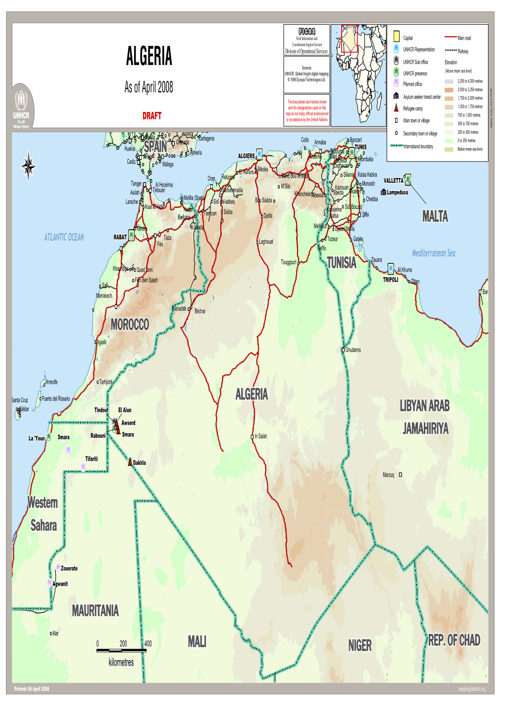 ALGERIA Sources:  (Above Mean Sea Level) UNHCR, Global Insight Digital Mapping  UNHCR Presence © 1998 Europa Technologies Ltd