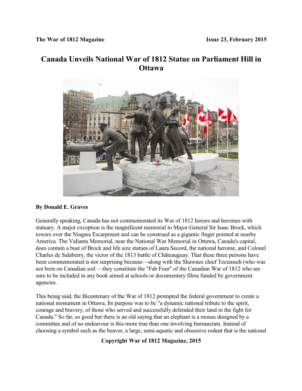 Canada Unveils National War of 1812 Statue in Ottawa