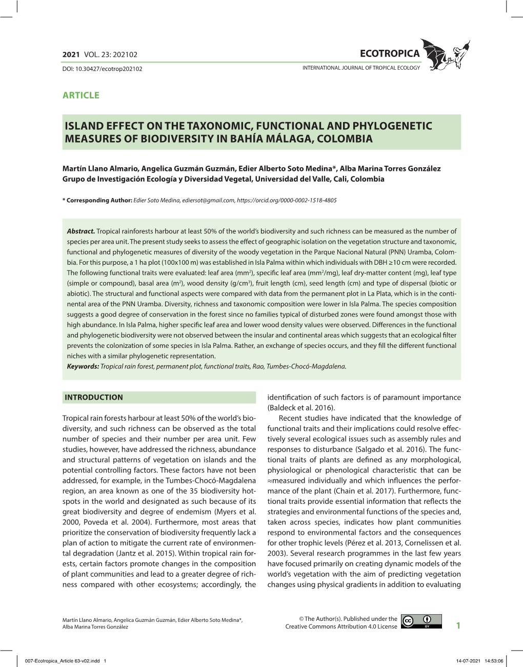 Island Effect on the Taxonomic, Functional and Phylogenetic Measures of Biodiversity in Bahía Málaga, Colombia