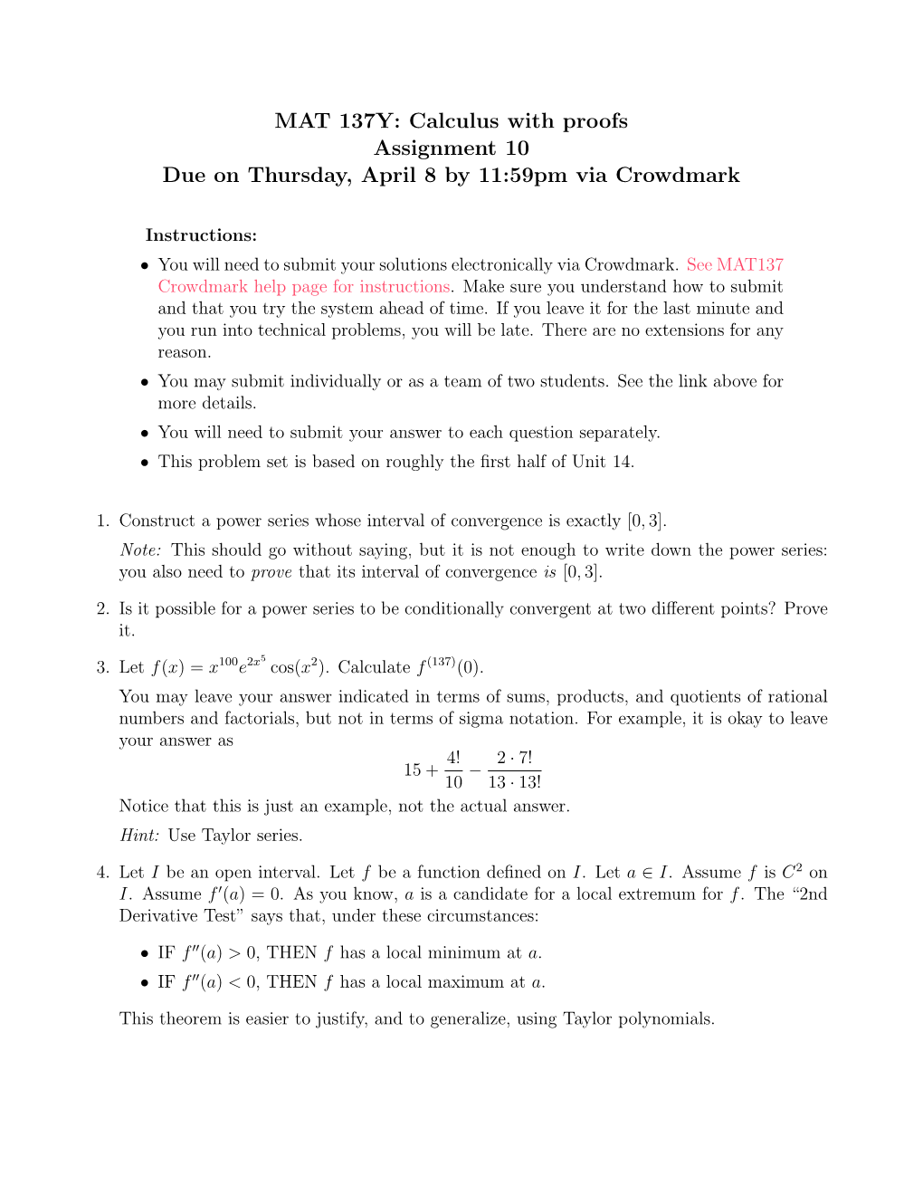 Calculus with Proofs Assignment 10 Due on Thursday, April 8 by 11:59Pm Via Crowdmark