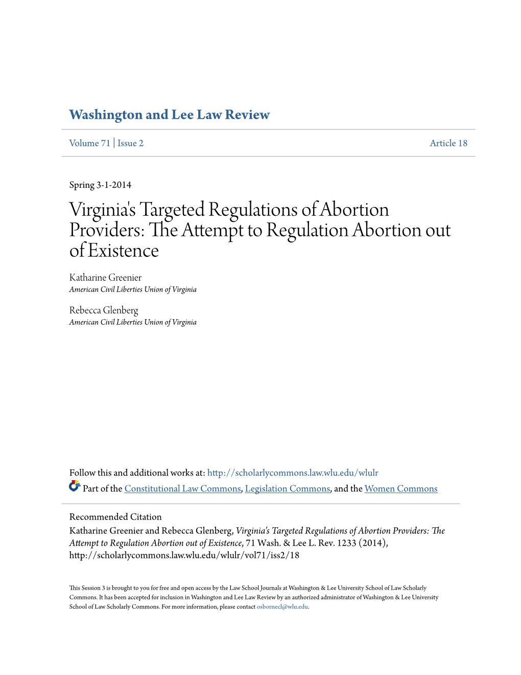 Virginia's Targeted Regulations of Abortion Providers