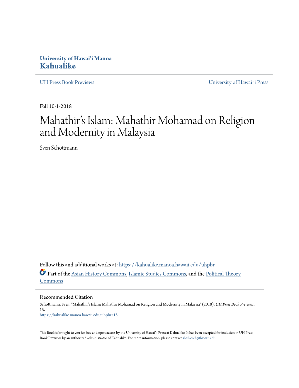 Mahathir's Islam: Mahathir Mohamad on Religion and Modernity In