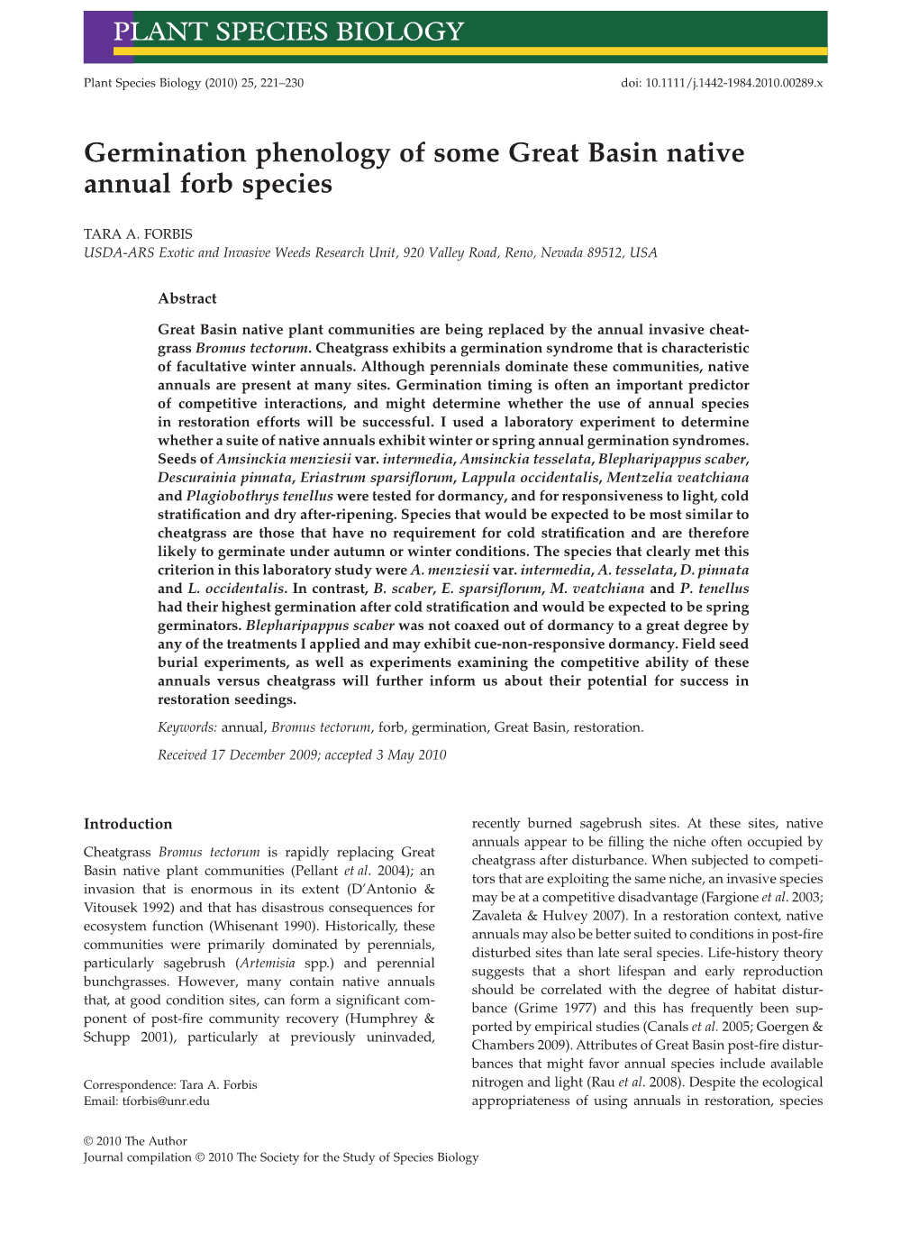 Germination Phenology of Some Great Basin Native Annual Forb Speciespsbi 289 221..230