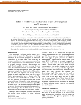 Effect of Twist Level and Twist Direction of Core (Double) Yarn on Dref-3 Spun Yarn