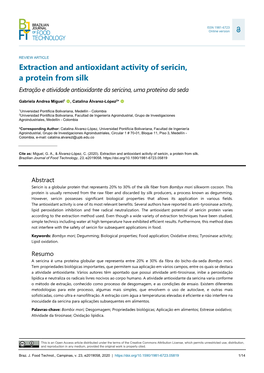Extraction and Antioxidant Activity of Sericin, a Protein from Silk Extração E Atividade Antioxidante Da Sericina, Uma Proteína Da Seda