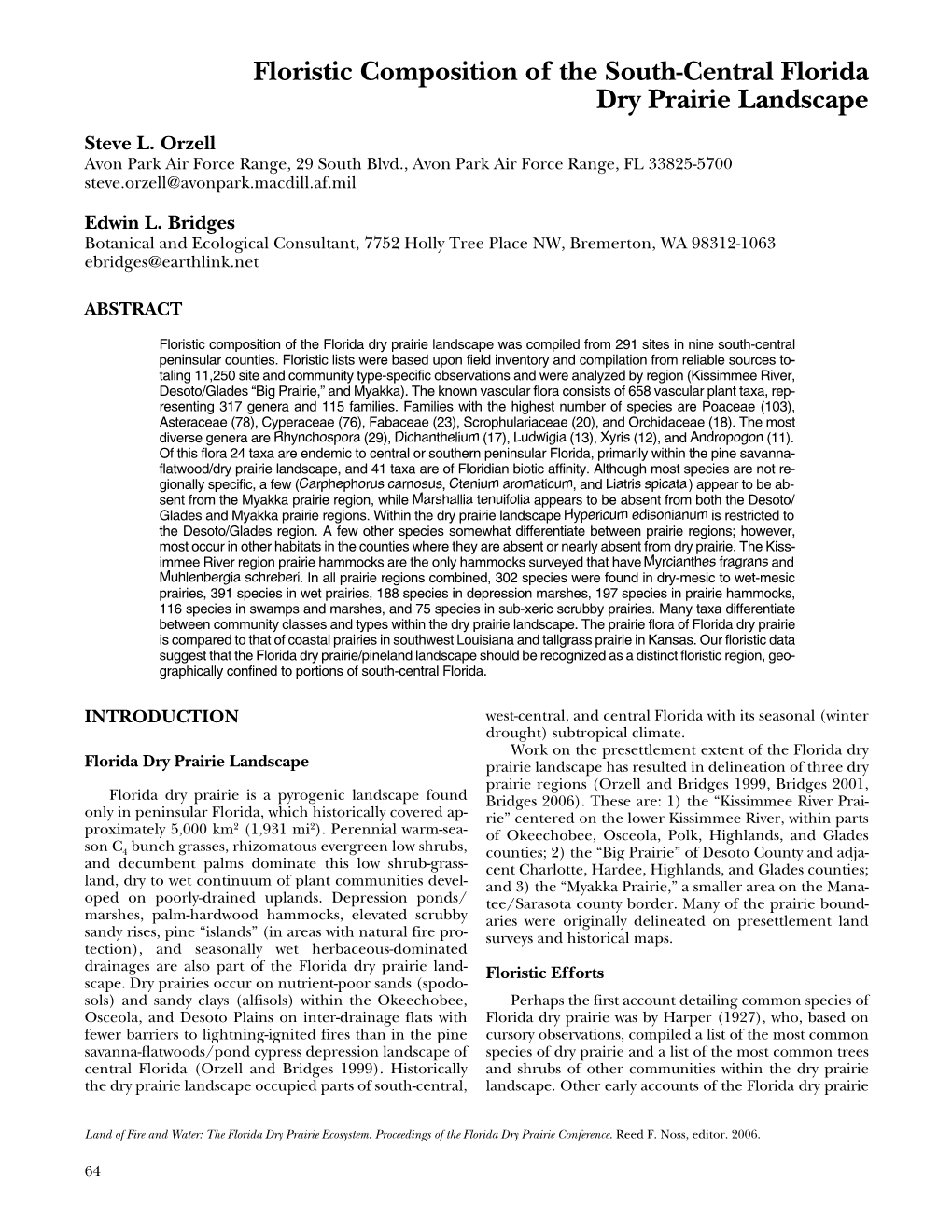 Floristic Composition of the South-Central Florida Dry Prairie Landscape Steve L