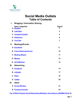 Social Media Outlets Table of Contents