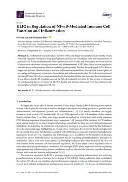 KLF2 in Regulation of NF-B-Mediated Immune Cell Function And