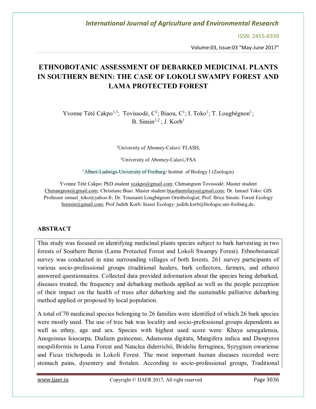 Ethnobotanic Assessment of Debarked Medicinal Plants in Southern Benin: the Case of Lokoli Swampy Forest and Lama Protected Forest