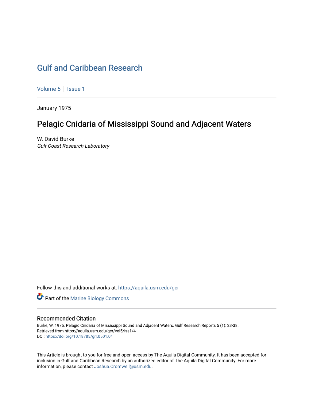 Pelagic Cnidaria of Mississippi Sound and Adjacent Waters