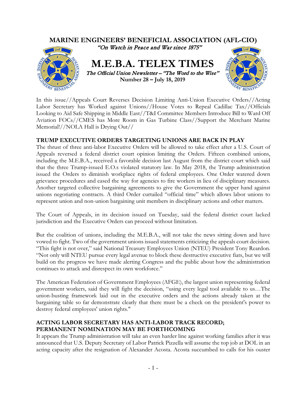 M.E.B.A. TELEX TIMES the Official Union Newsletter – “The Word to the Wise” Number 28 – July 18, 2019