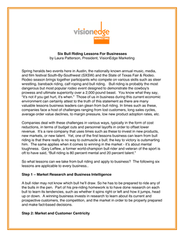 Six Bull Riding Lessons for Businesses by Laura Patterson, President, Visionedge Marketing