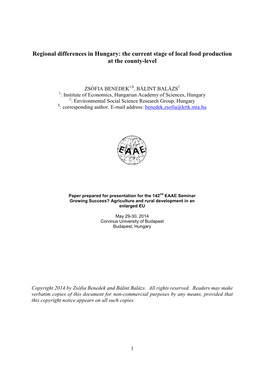 Regional Differences in Hungary: the Current Stage of Local Food Production at the County-Level