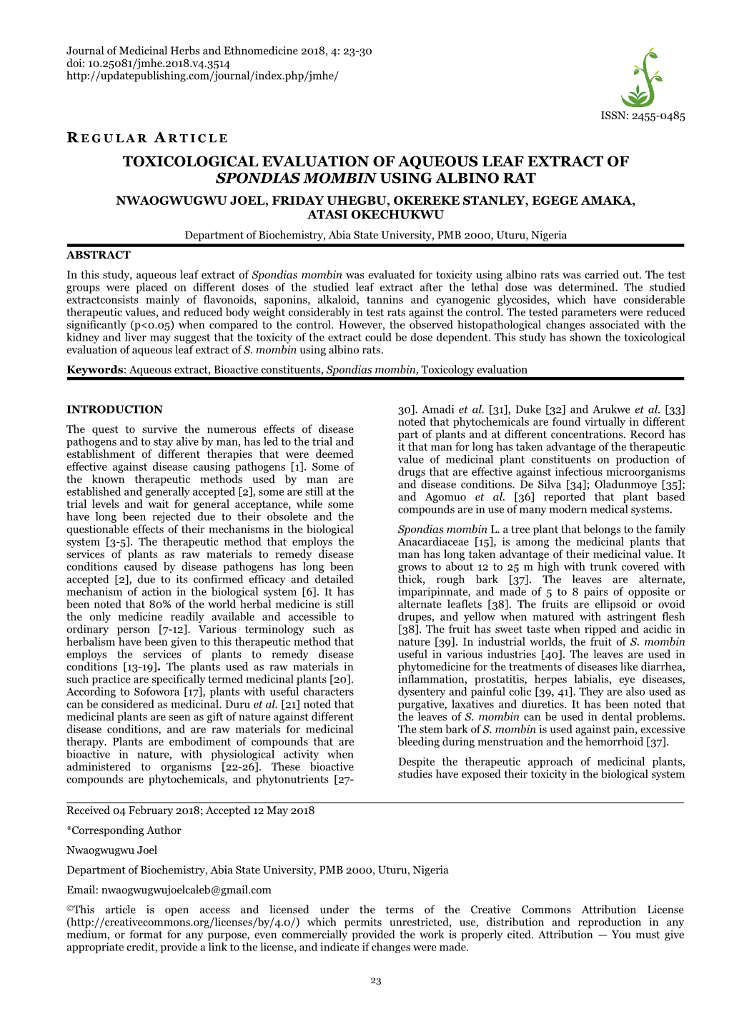 Regular Article Toxicological Evaluation of Aqueous Leaf Extract of Spondias