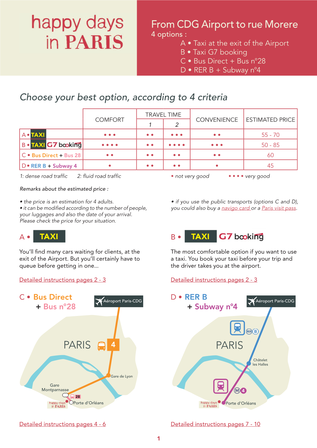 From CDG Airport to Rue Morere 4 Options : a • Taxi at the Exit of the Airport B • Taxi G7 Booking C • Bus Direct + Bus N°28 D • RER B + Subway N°4