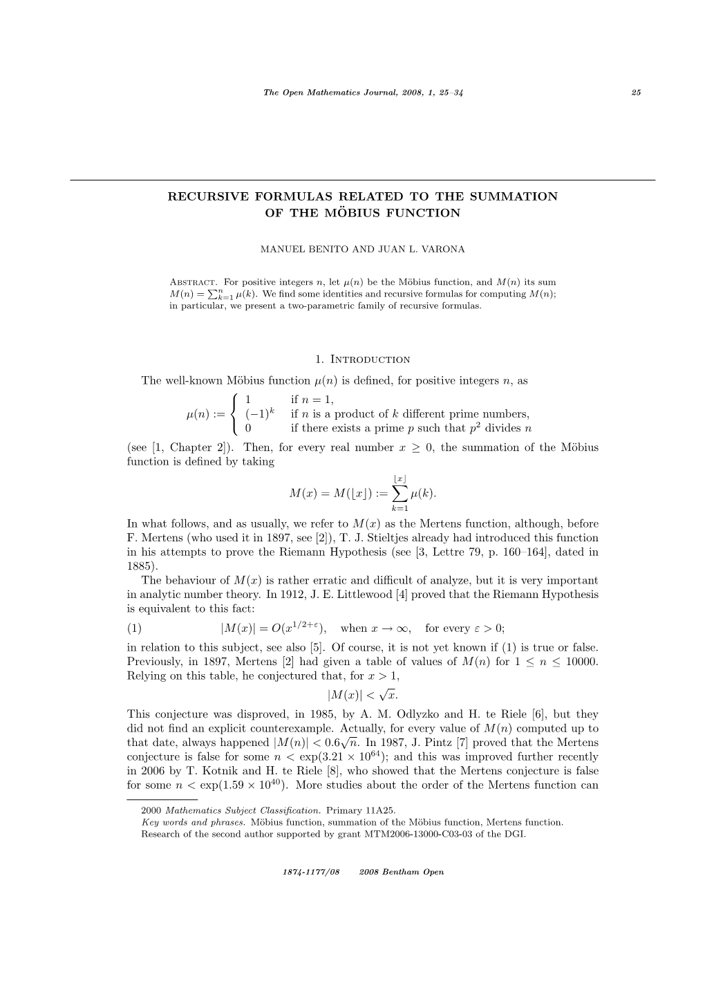 Recursive Formulas Related to the Summation of the Mobius¨ Function