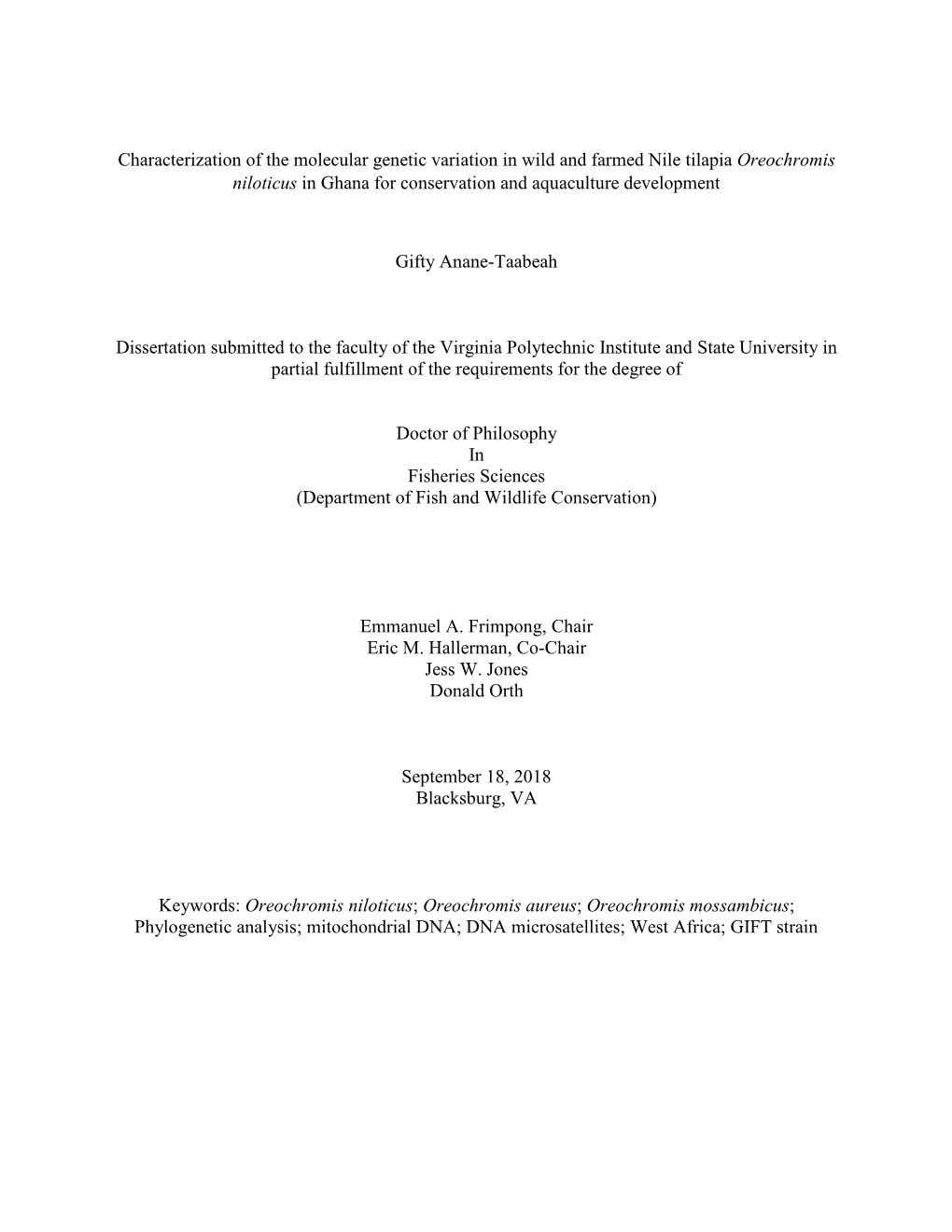 Characterization of the Molecular Genetic Variation in Wild and Farmed Nile Tilapia Oreochromis Niloticus in Ghana for Conservation and Aquaculture Development