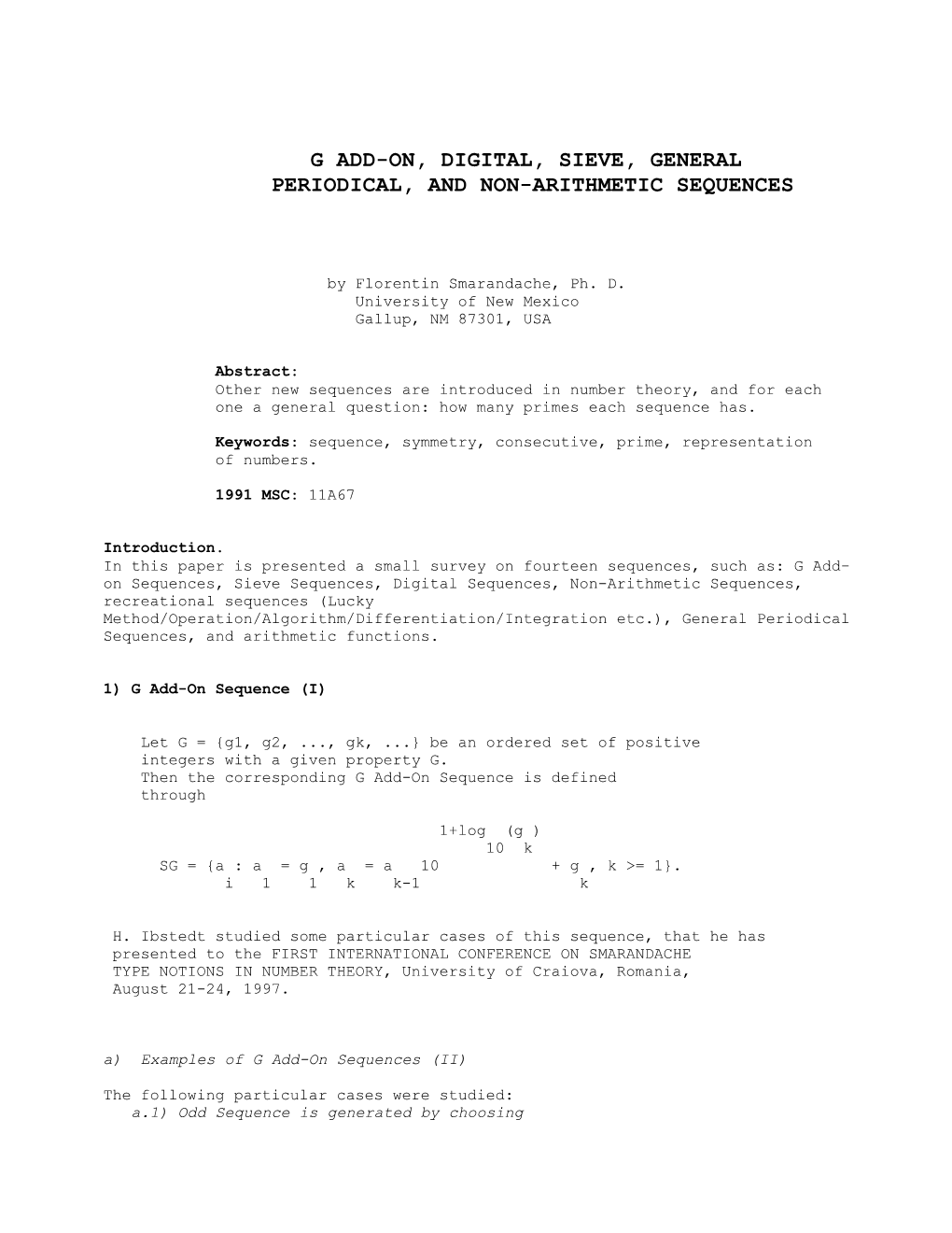 G Add-On, Digital, Sieve, General Periodical, and Non-Arithmetic Sequences