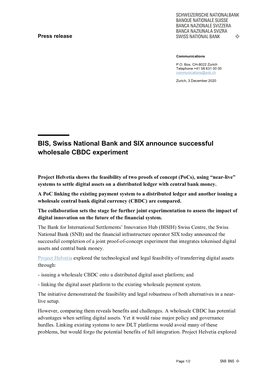 03.12.2020 BIS, Swiss National Bank and SIX Announce Successful