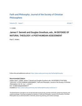 James F. Sennett and Douglas Groothuis, Eds., in DEFENSE of NATURAL THEOLOGY: a POST-HUMEAN ASSESSMENT
