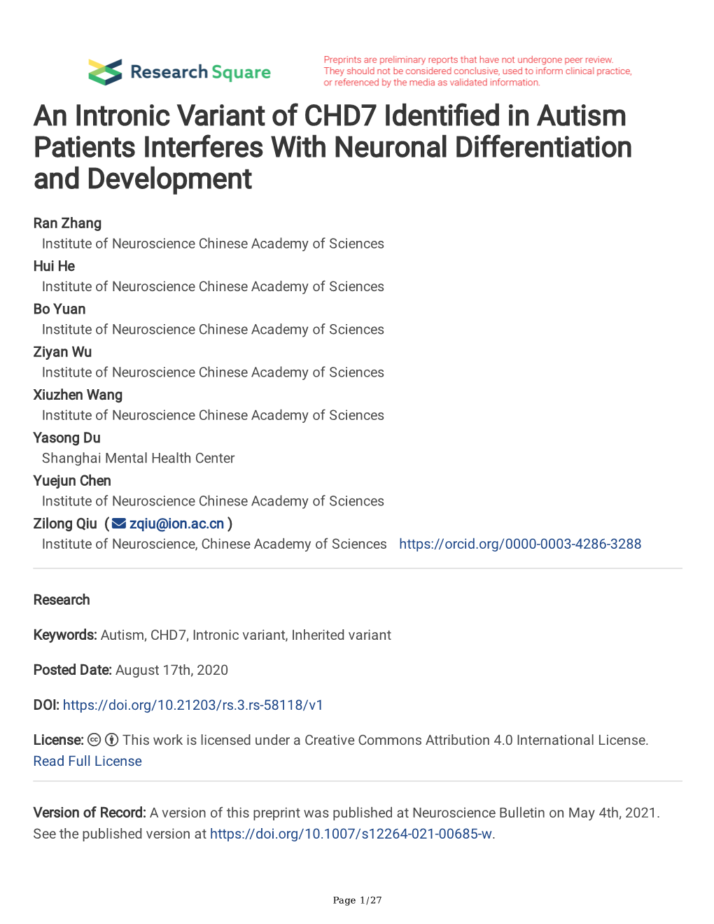 An Intronic Variant of CHD7 Identi Ed in Autism Patients Interferes With