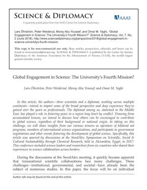 Global Engagement in Science: the University’S Fourth Mission?” Science & Diplomacy, Vol