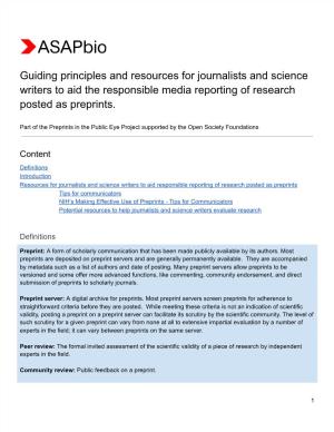Guiding Principles and Resources for Journalists and Science Writers to Aid the Responsible Media Reporting of Research Posted As Preprints