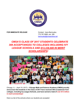 Cmsa's Class of 2017 Students Celebrate 308 Acceptances