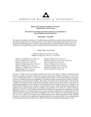 Report of the American Academy of Actuaries' Annuity Reserve Work Group Presented to the National Association of Insurance Co