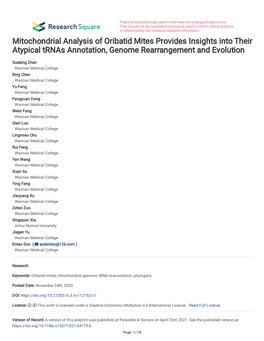 Mitochondrial Analysis of Oribatid Mites Provides Insights Into Their Atypical Trnas Annotation, Genome Rearrangement and Evolution