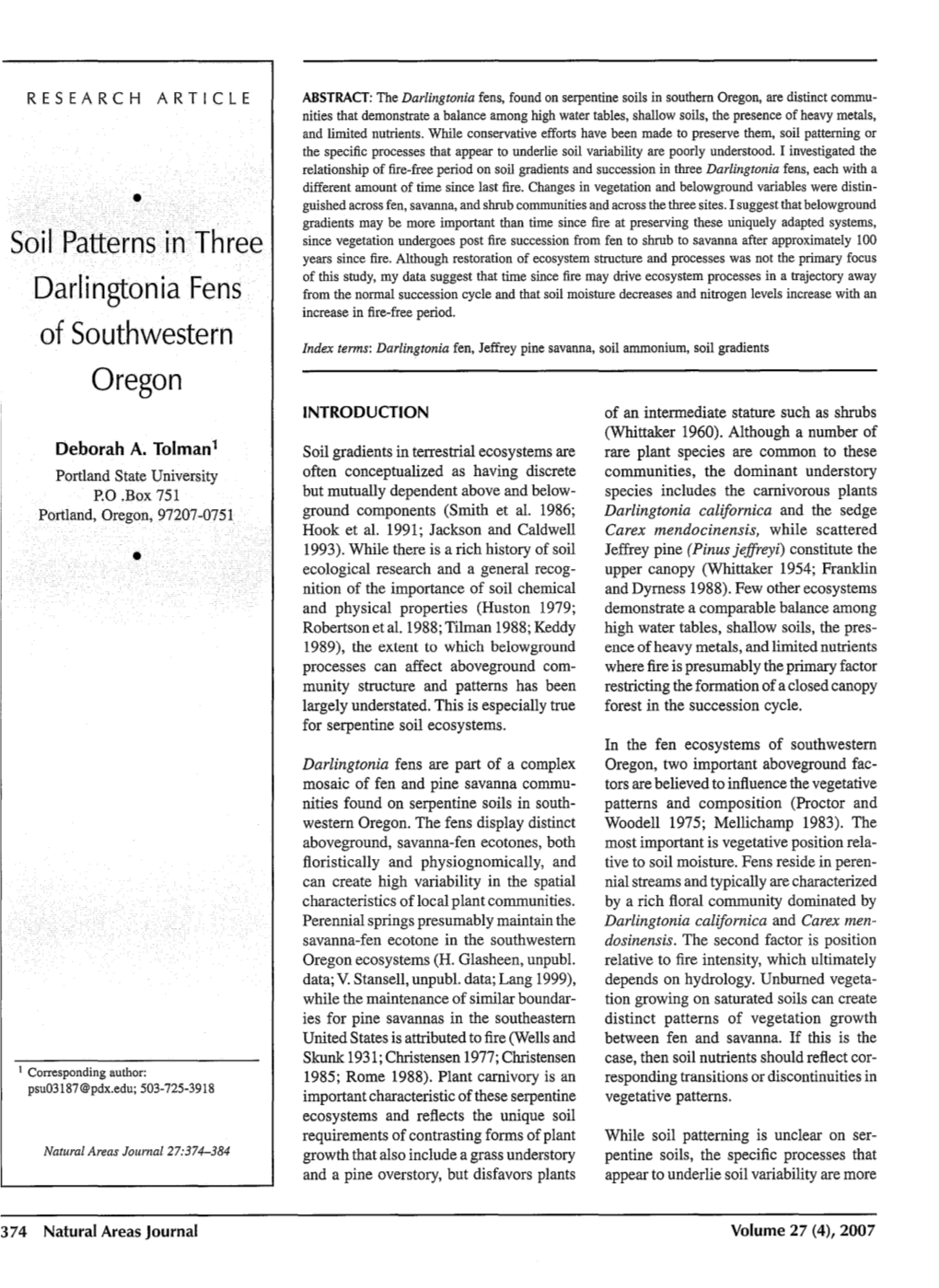 Soil Patterns in Three Darlingtonia Fens Of