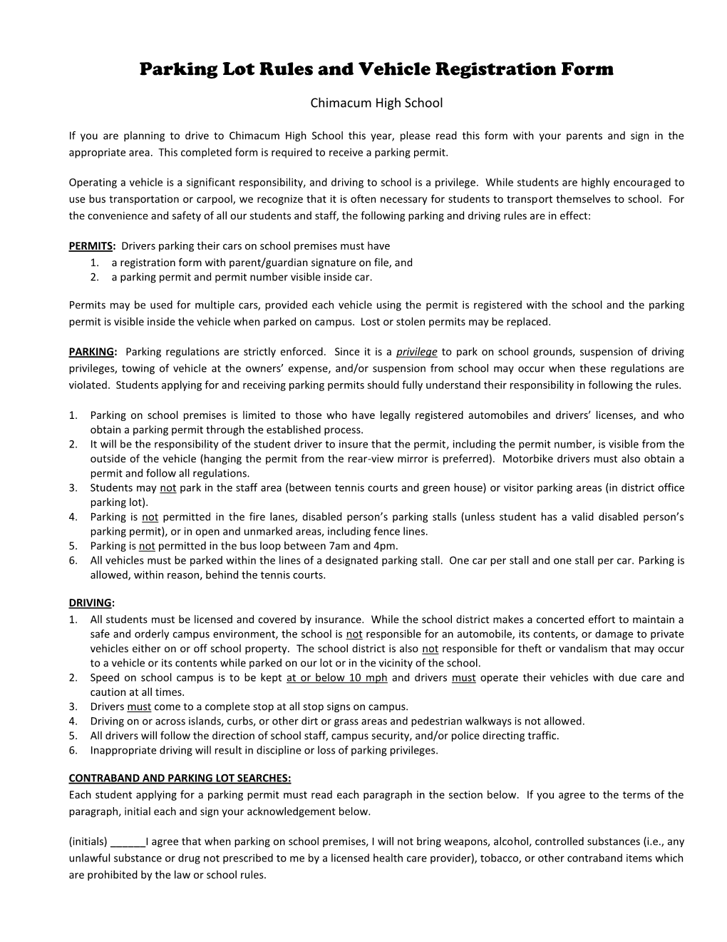 Parking Lot Rules and Vehicle Registration Form