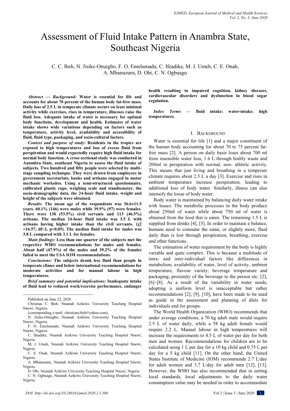 Assessment of Fluid Intake Pattern in Anambra State, Southeast Nigeria