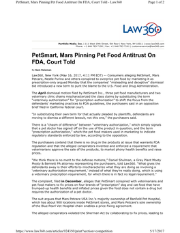 Petsmart, Mars Pinning Pet Food Antitrust on FDA, Court Told - Law360 Page 1 of 2