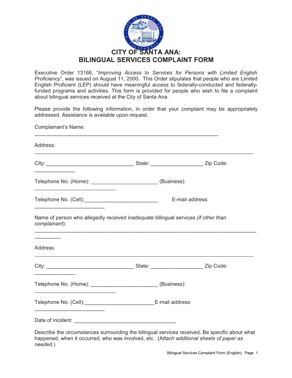 Bilingual Services Complaint Form