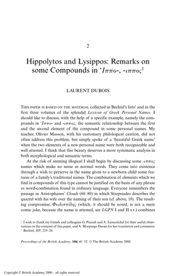 Hippolytos and Lysippos: Remarks on Some Compounds in ‘Ιππο-, -Ιπποy1