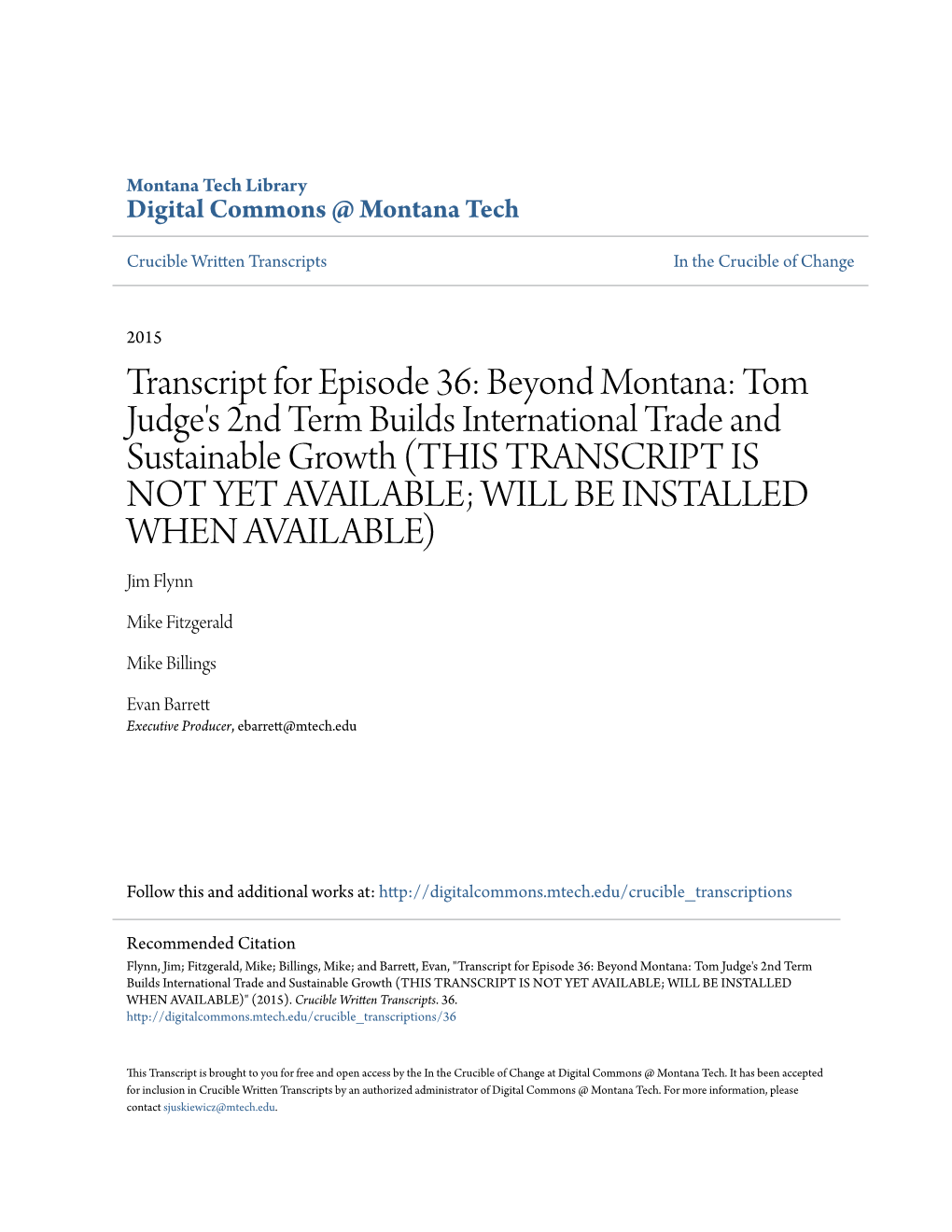 Transcript for Episode 36: Beyond Montana: Tom Judge's 2Nd Term Builds International Trade and Sustainable Growth