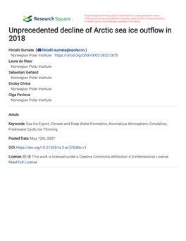 Unprecedented Decline of Arctic Sea Ice out Ow in 2018