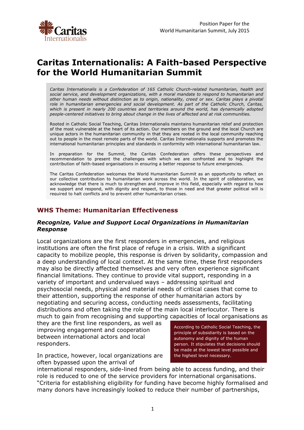 A Faith-Based Perspective for the World Humanitarian Summit